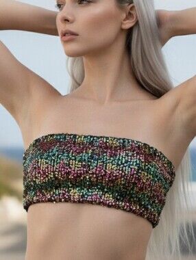 Women's Multicolor Rainbow Sequin Bandeau Top Reversible Festival Rave Beachwear
